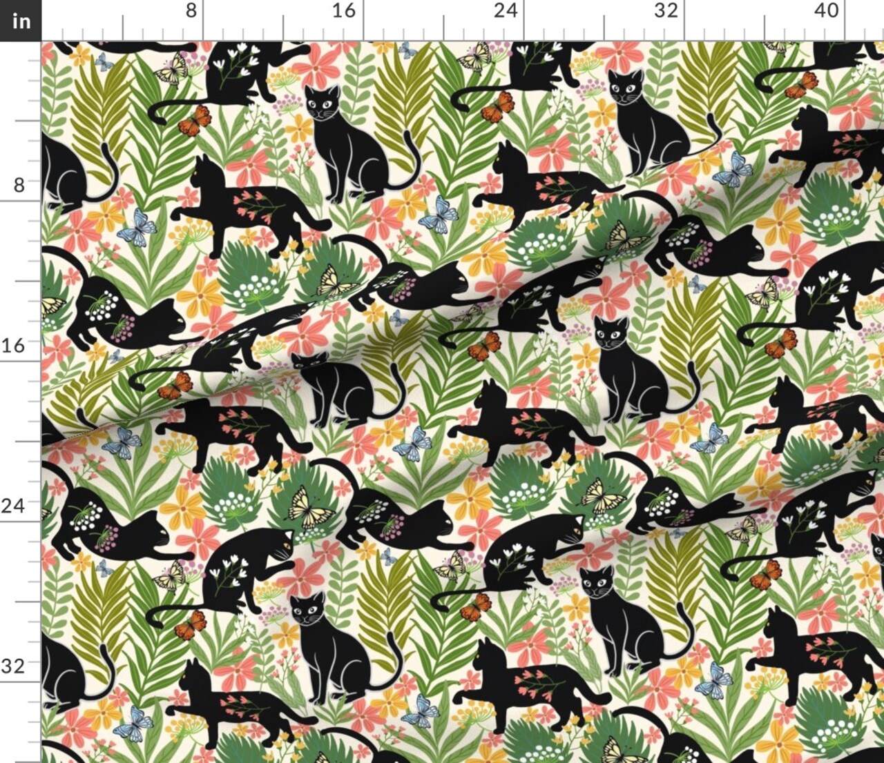 Black Cat Playful Leaves Botanical Butterflies Green Pink Yellow Blue Custom Printed Fabric by Spoonflower Various Fabrics by the Yard or Fat Quarter
